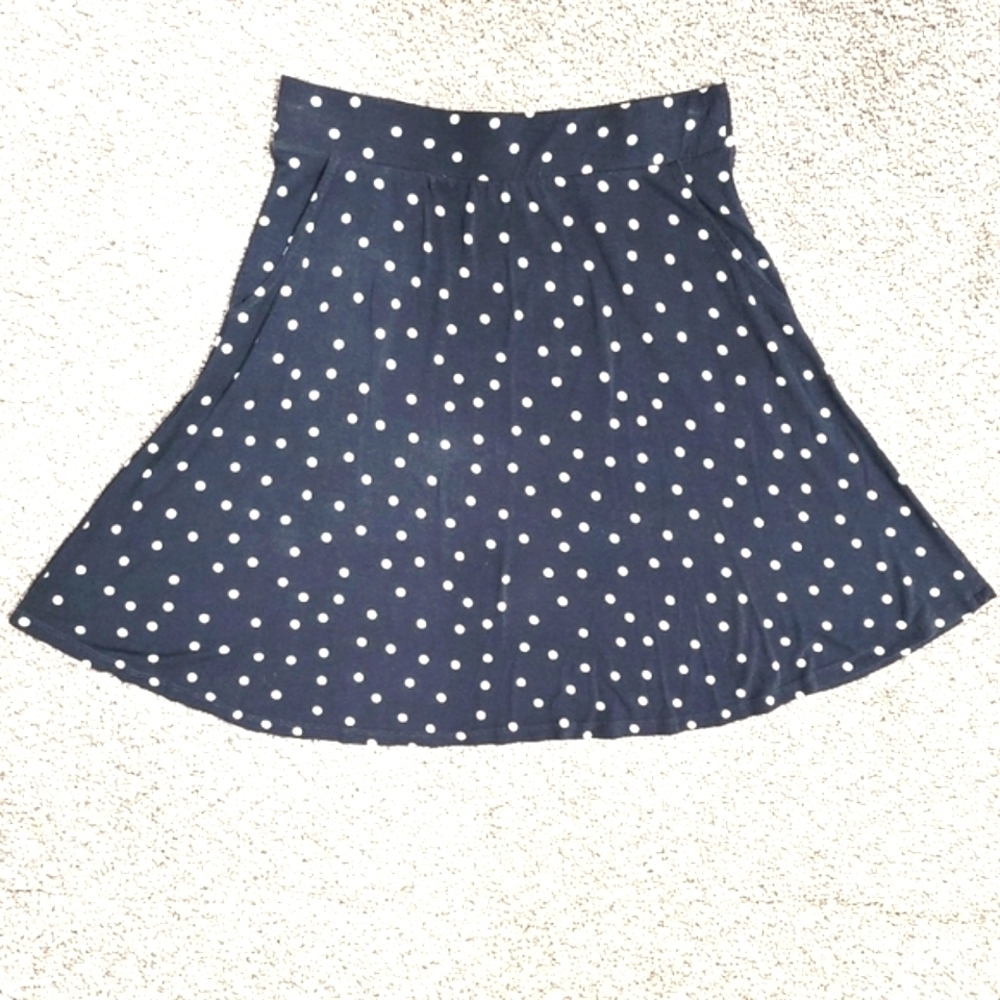 Polka Dot Mini Skirt Flare Elastic Waist Minimalist Pockets Navy White Medium